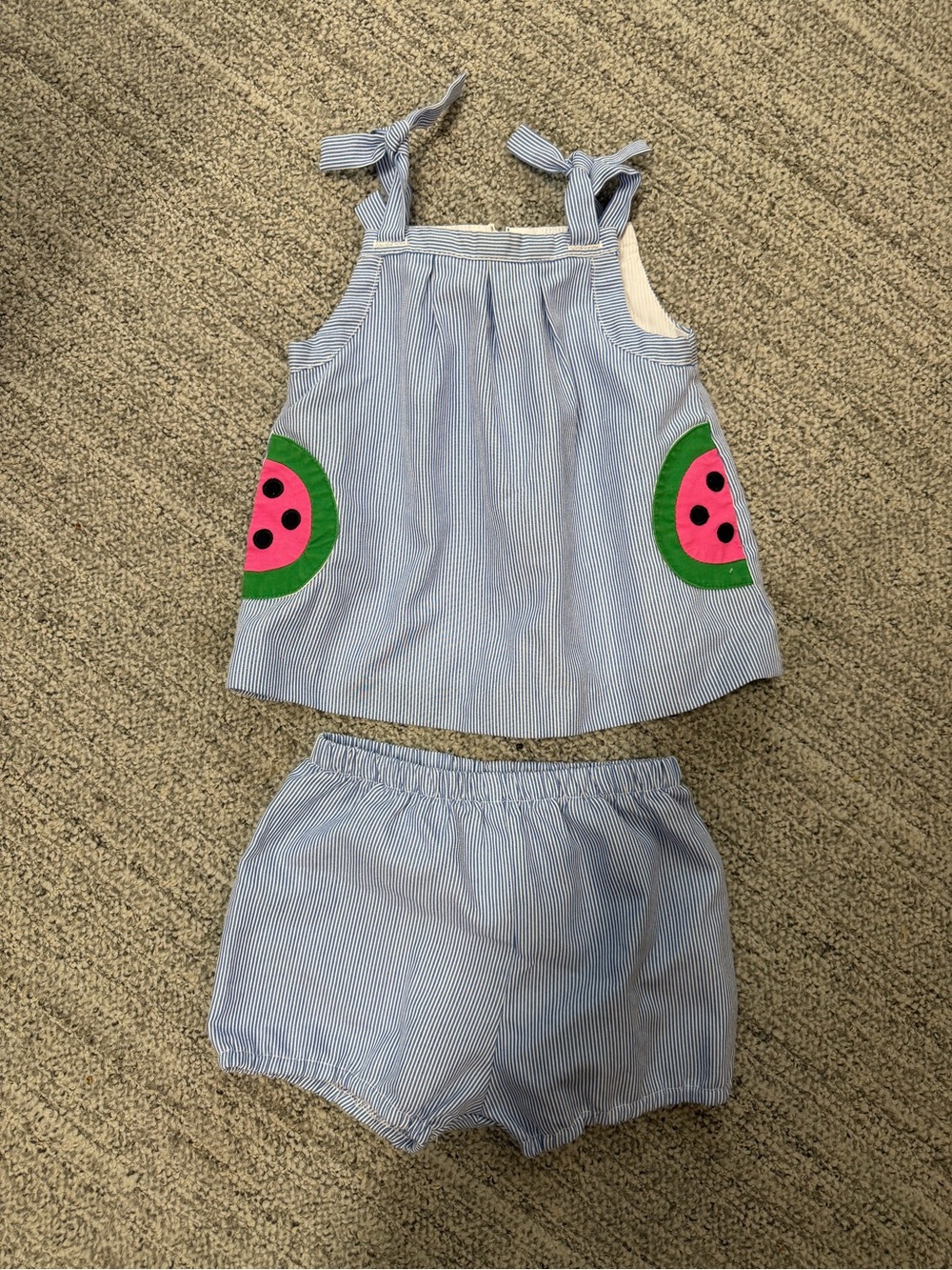 Florence Eiseman Blue and Pink Watermelon Applique Striped Kids Matching Set